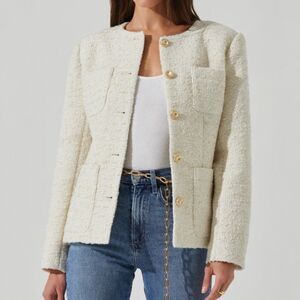 ASTR THE LABEL Revolve Sarae Collarless Metallic Cream Tweed Jacket L NEW $188